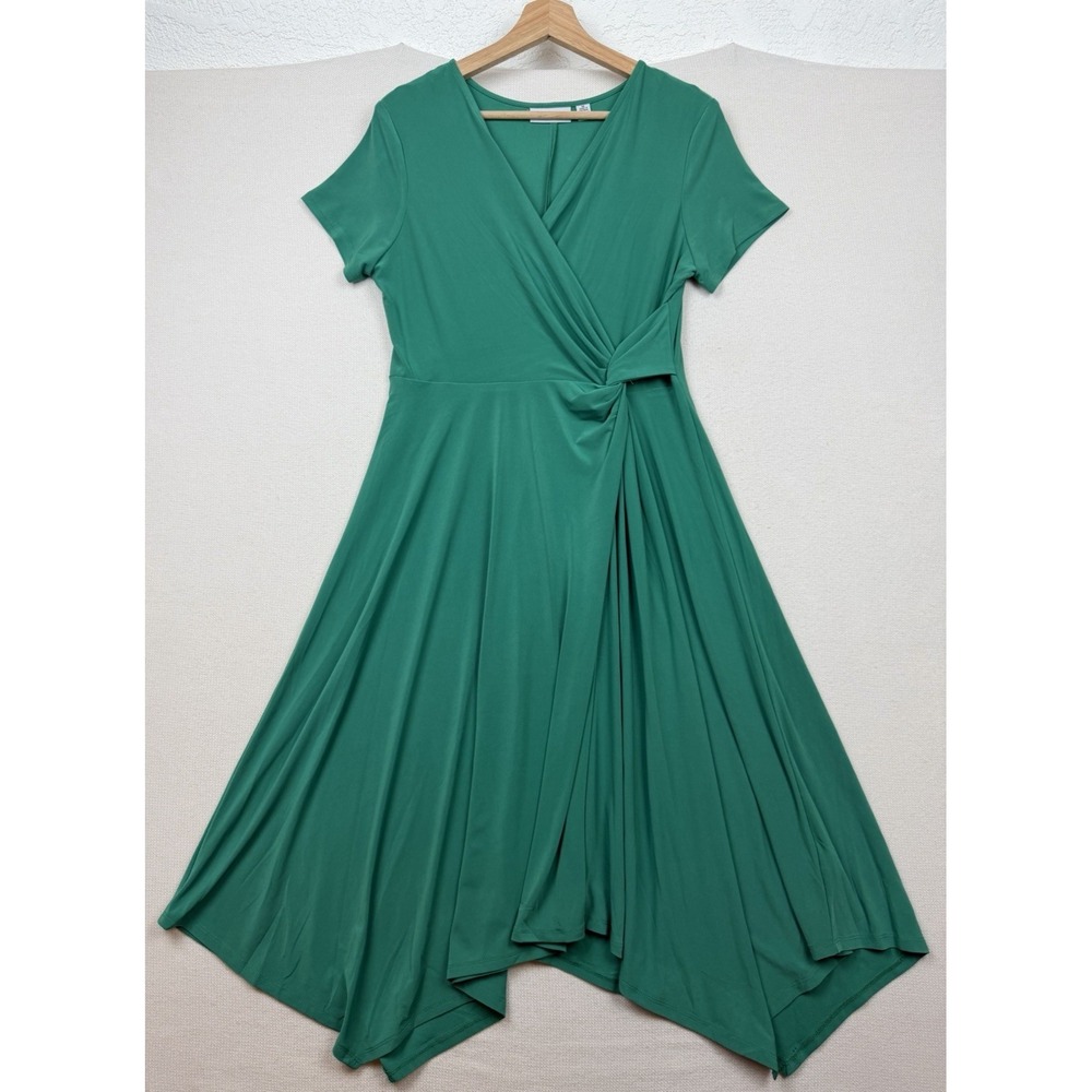 Nina Leonard Women's Faux Wrap Midi Dress Green Size M Shark Bite Hem A-Line - Picture 11 of 16